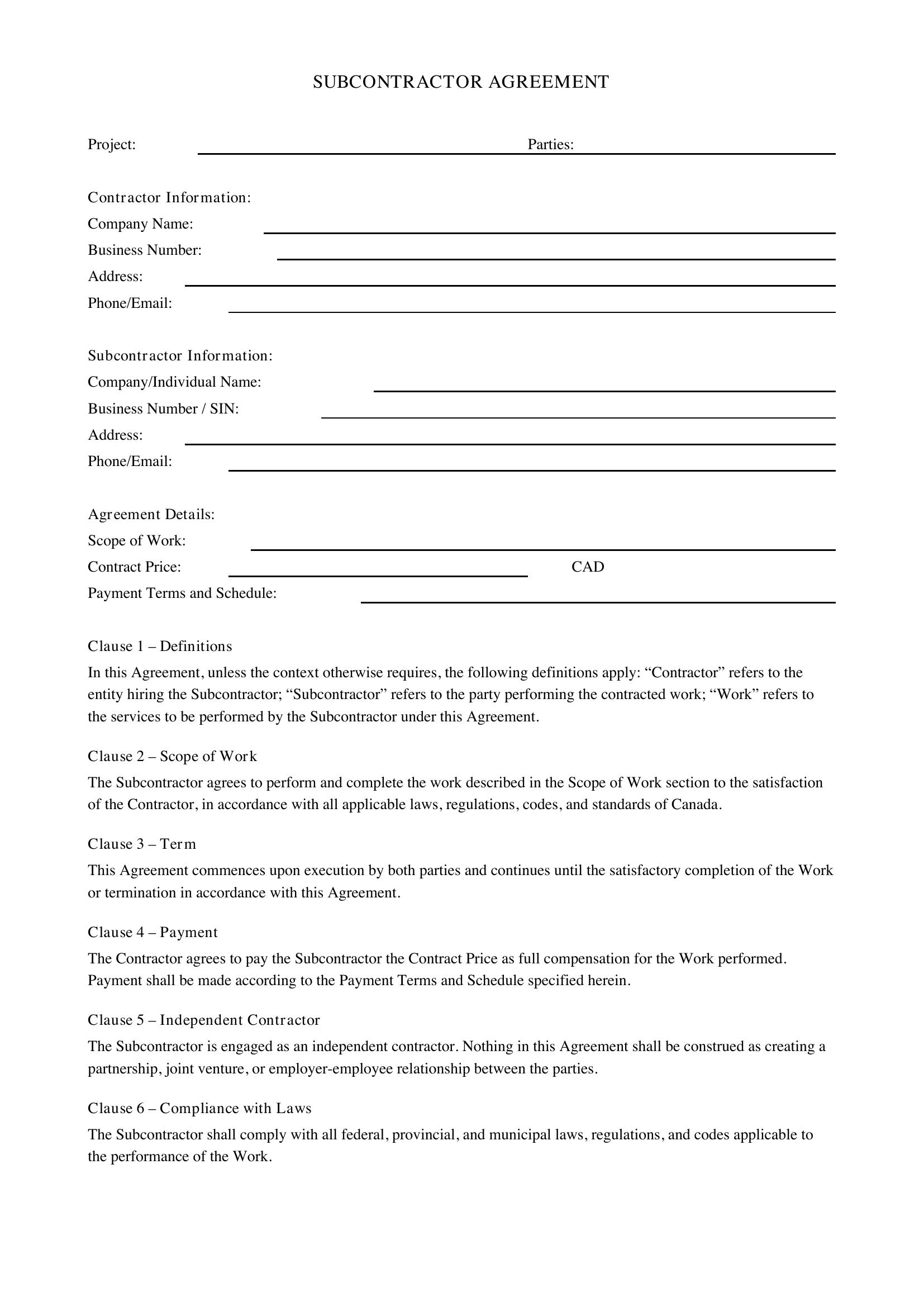 Subcontractor Agreement Template - Canada