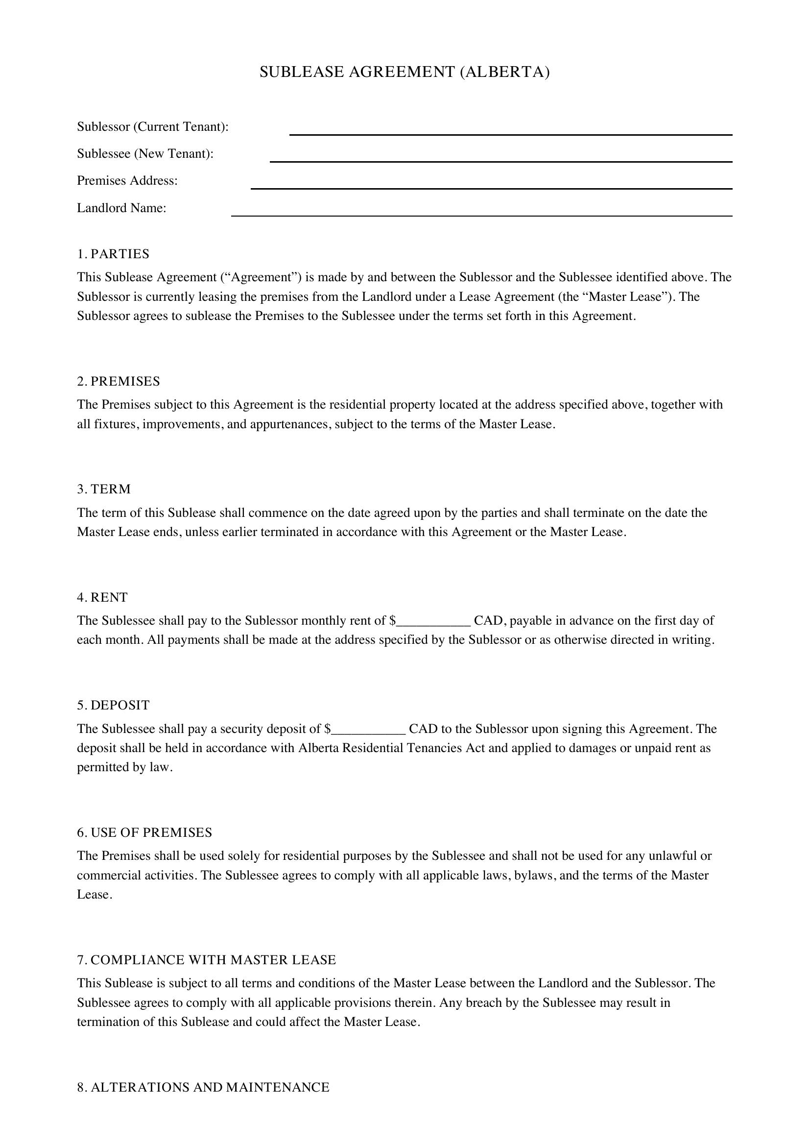 Sublease Agreement Alberta Template - Canada