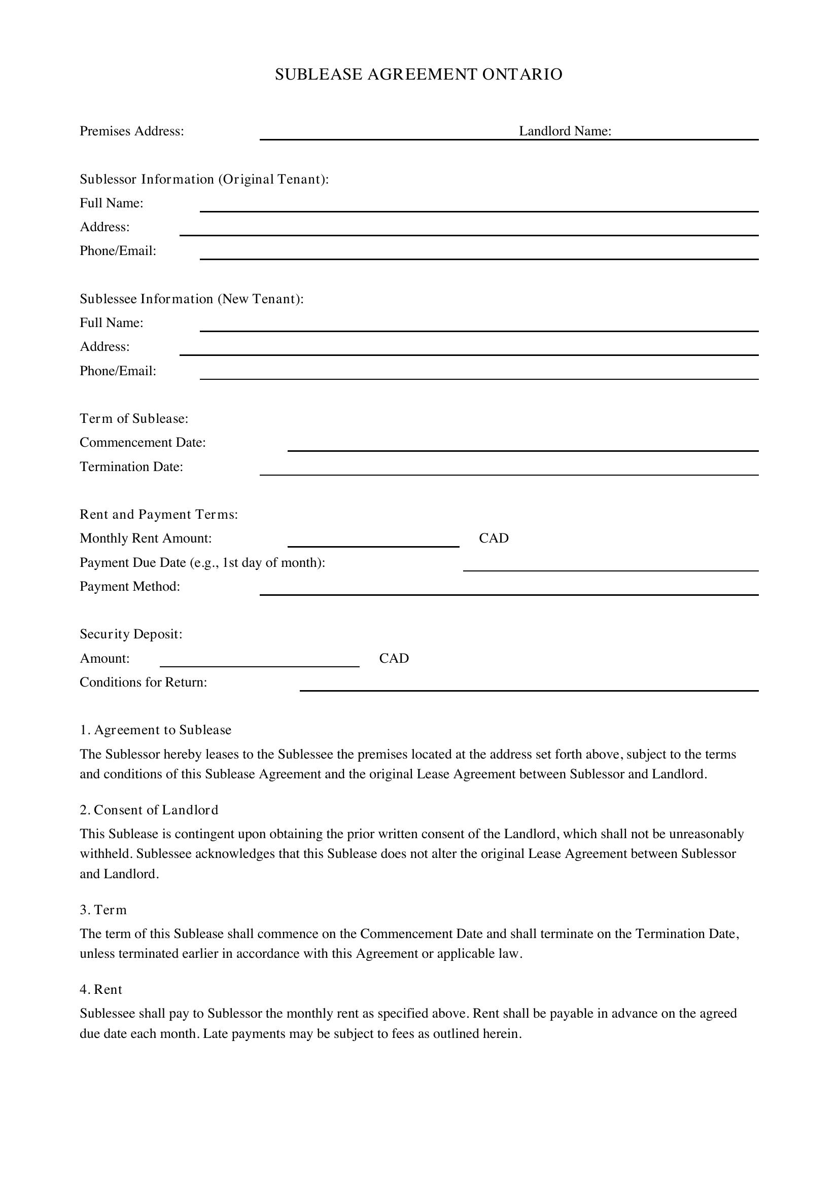 Sublease Agreement Ontario Template - Canada