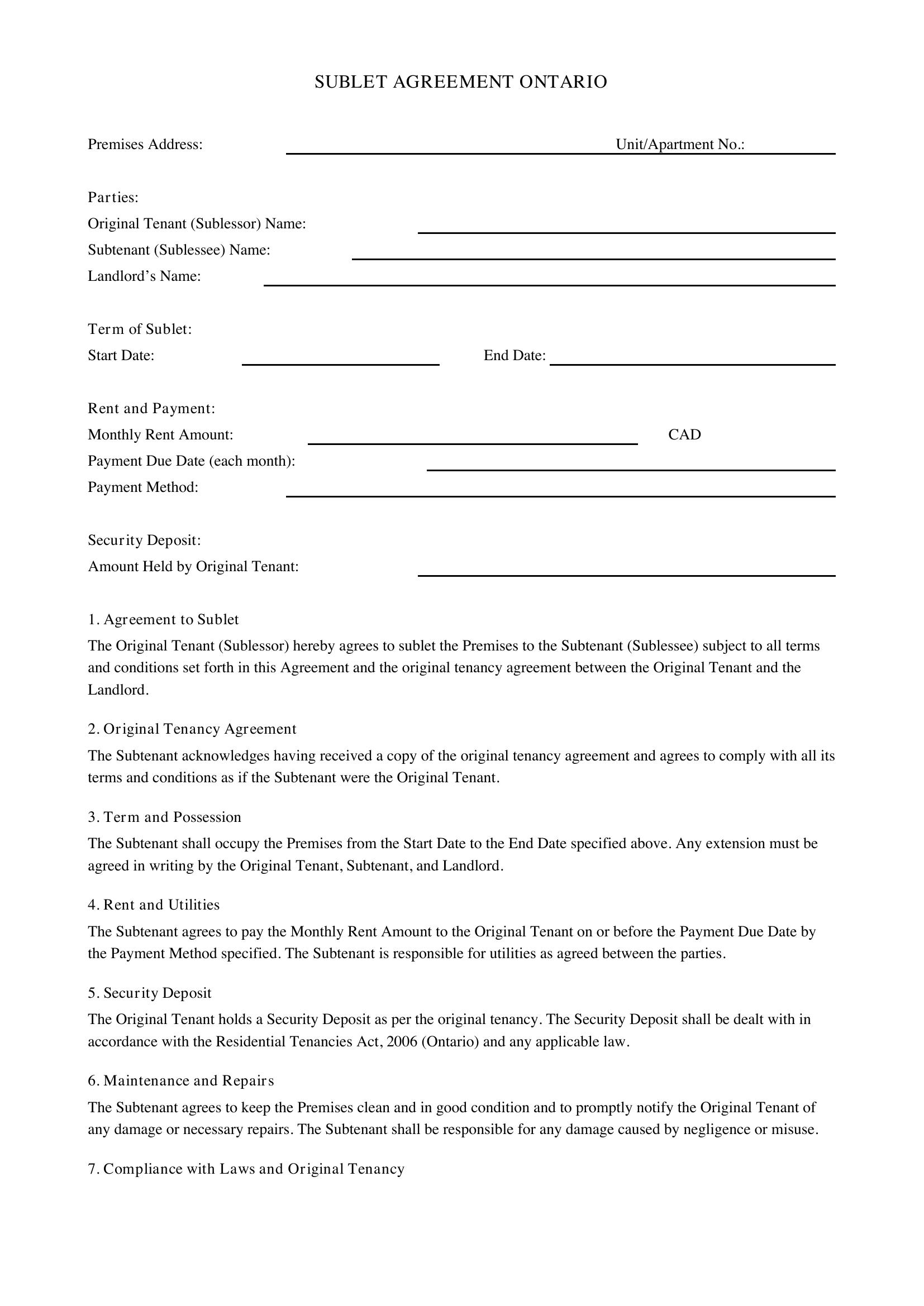Sublet Agreement Ontario Template - Canada