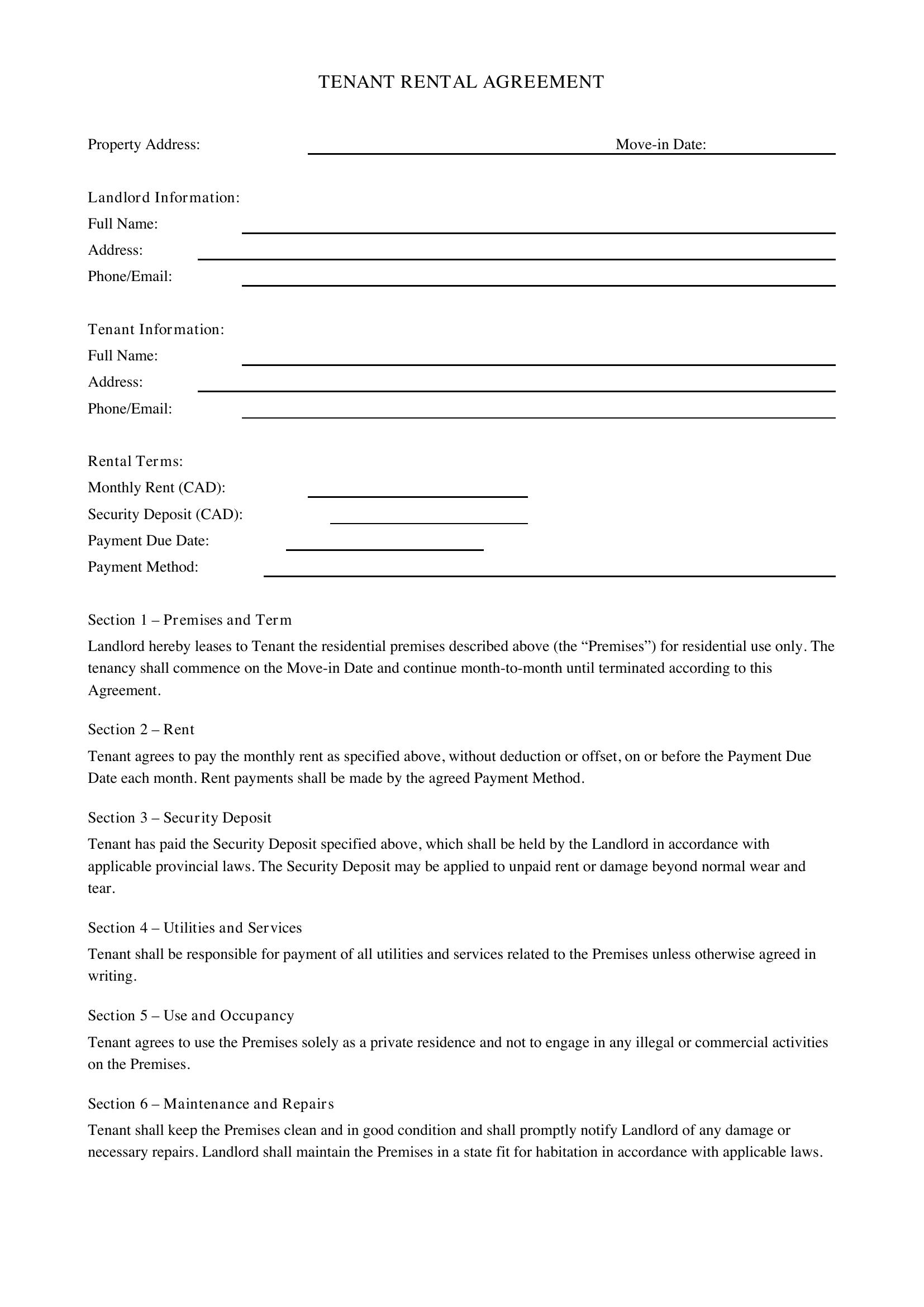 Tenant Agreement Template - Canada