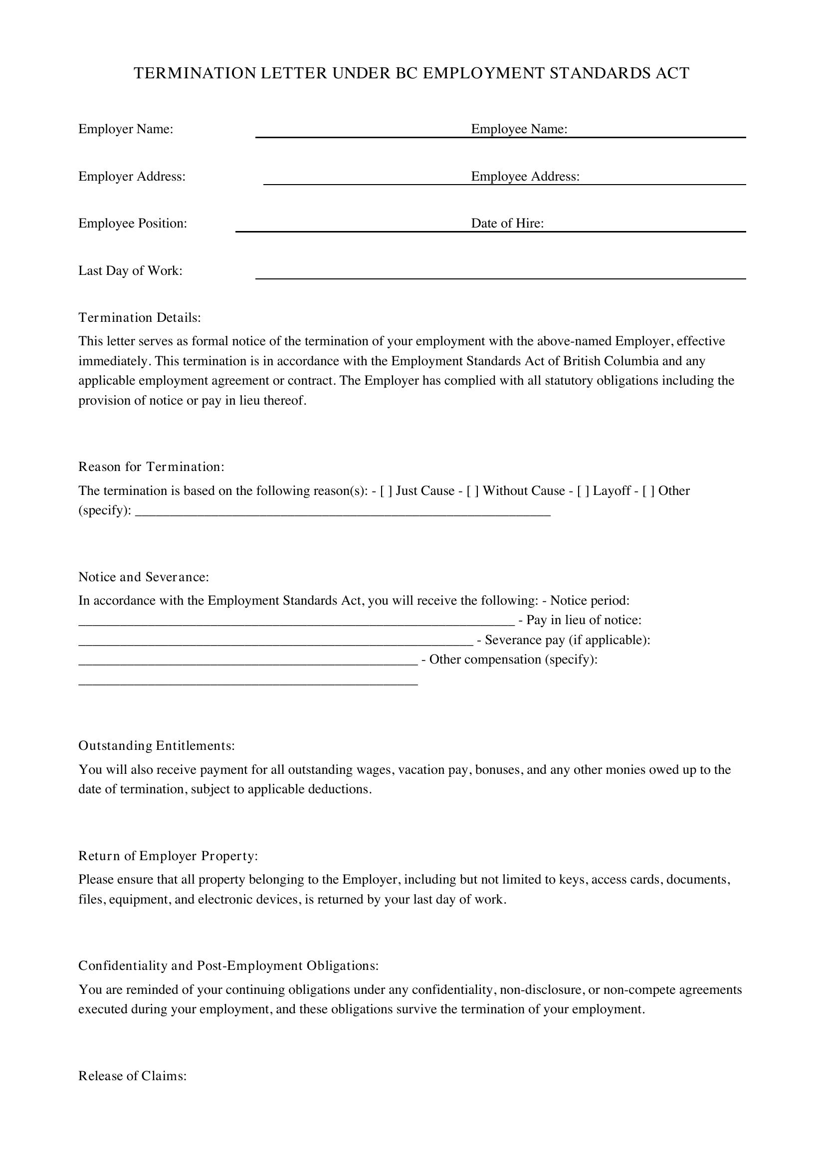 Termination Letter Bc Template - Canada