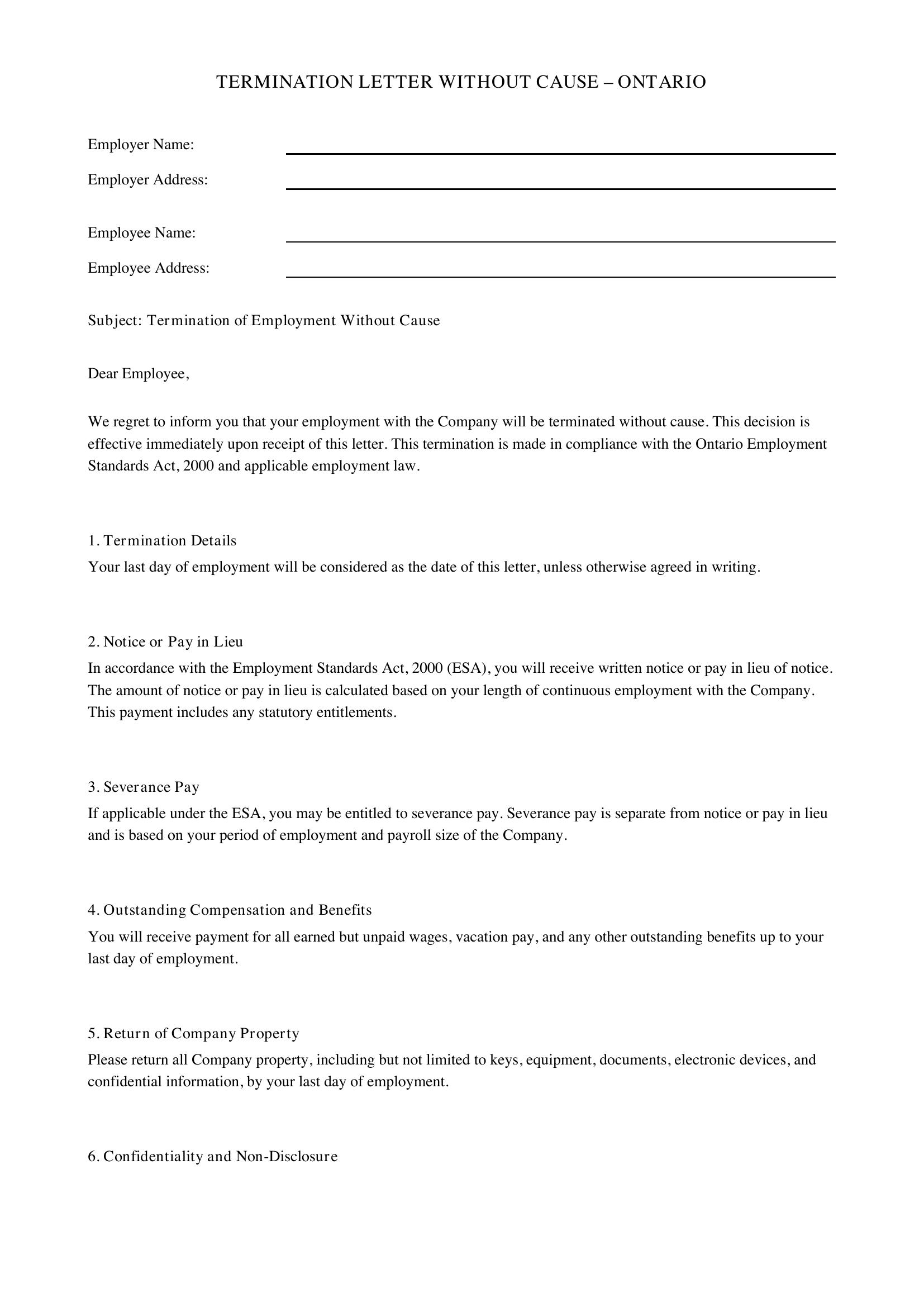 Termination Letter Without Cause Ontario Template - Canada