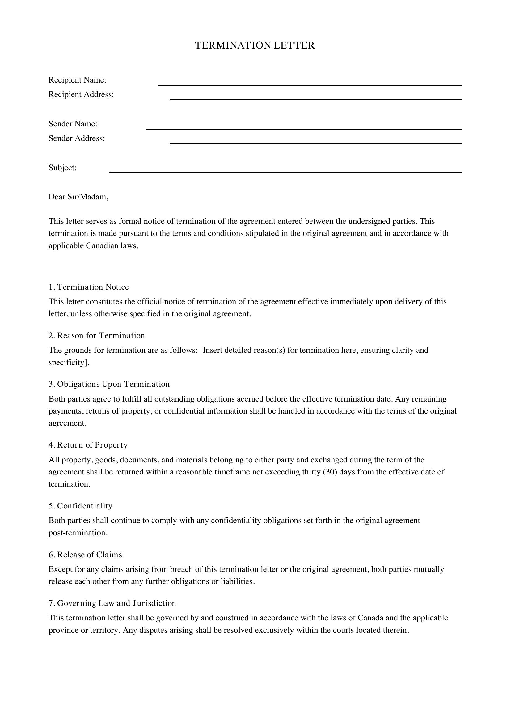 Termination Letter Template - Canada
