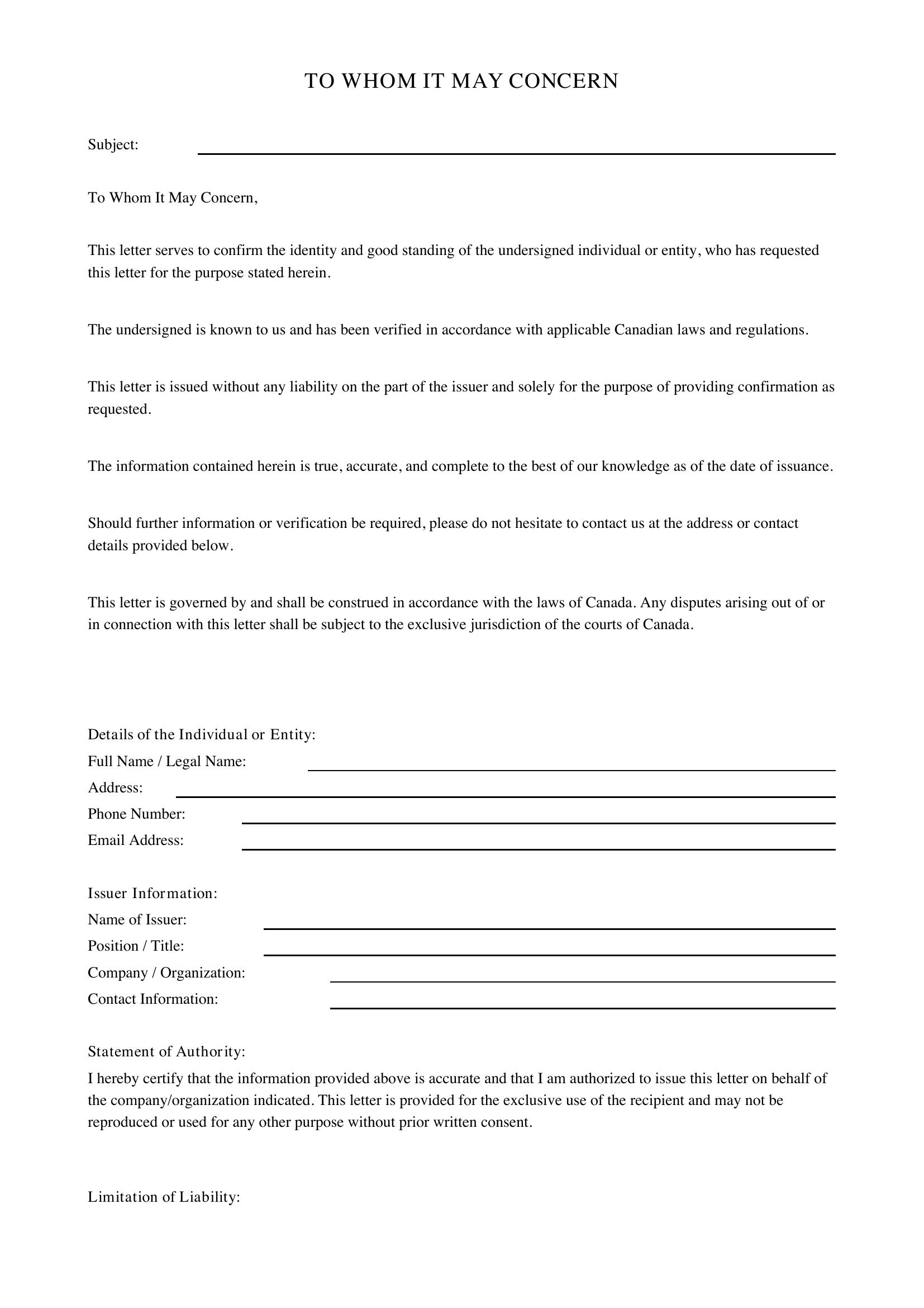 To Whom It May Concern Letter Template - Canada