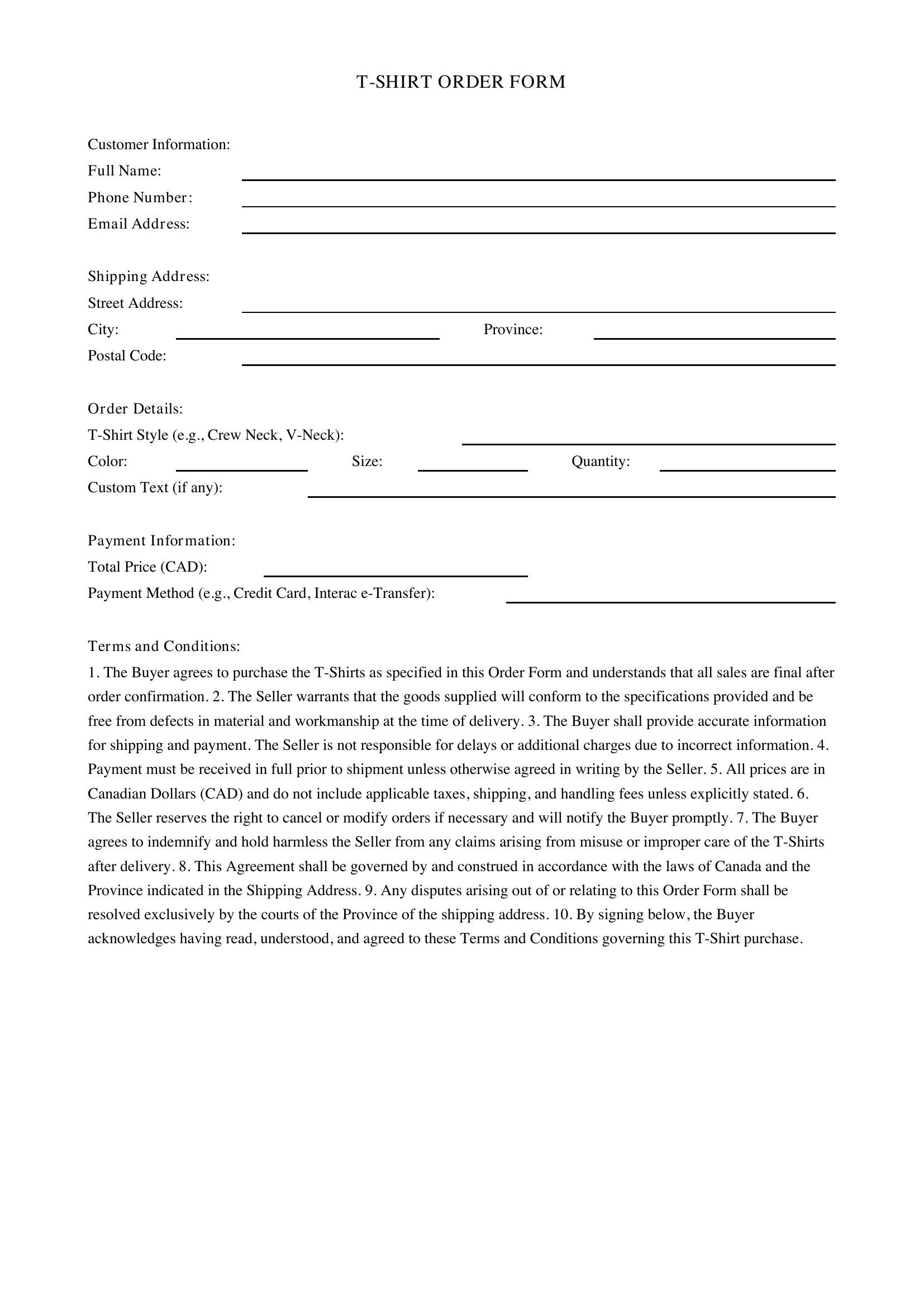 Tshirt Order Form Template - Canada