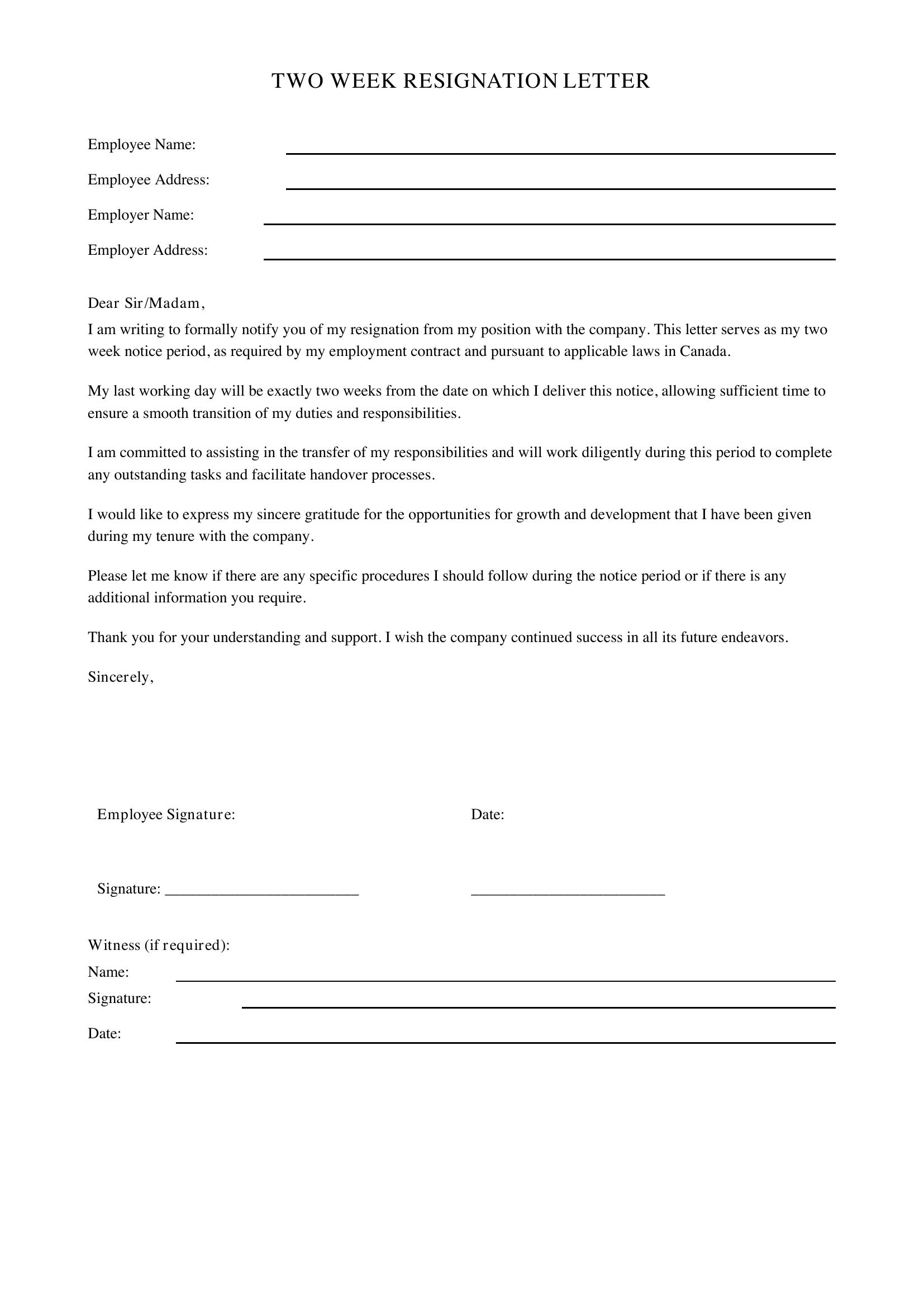 Two Week Resignation Letter Template - Canada