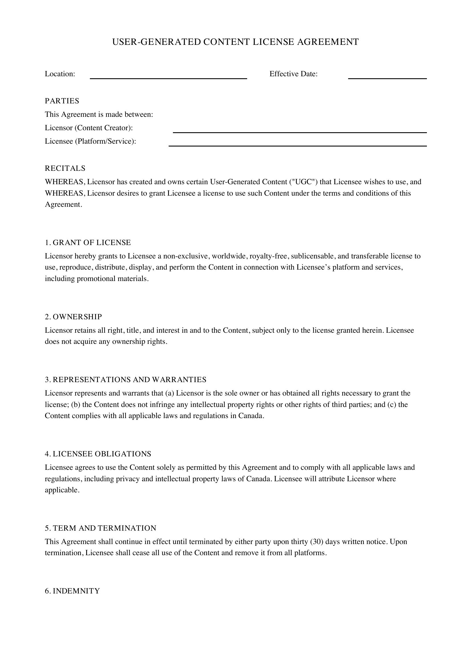 Ugc Contract Template - Canada