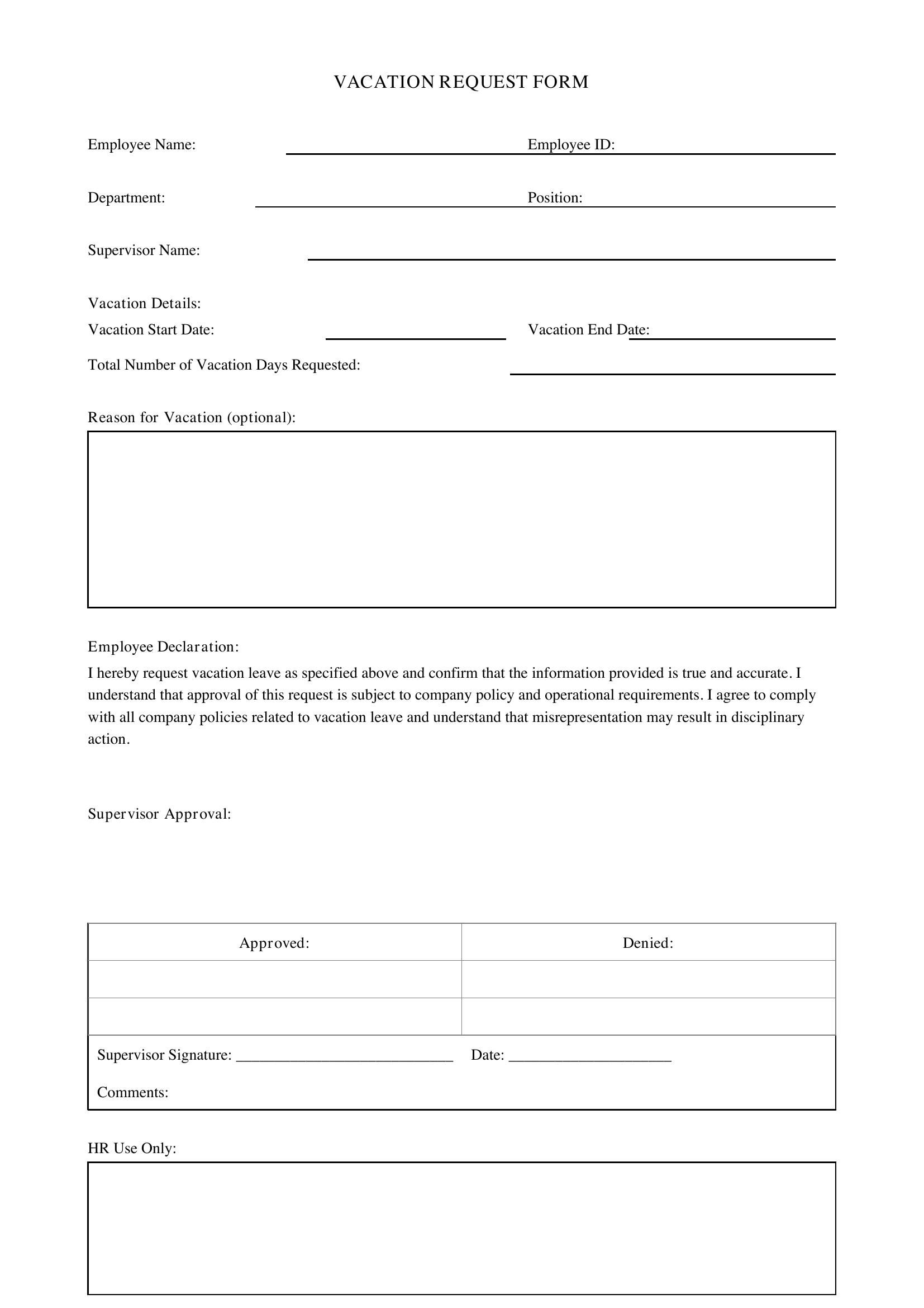 Vacation Request Form Template - Canada