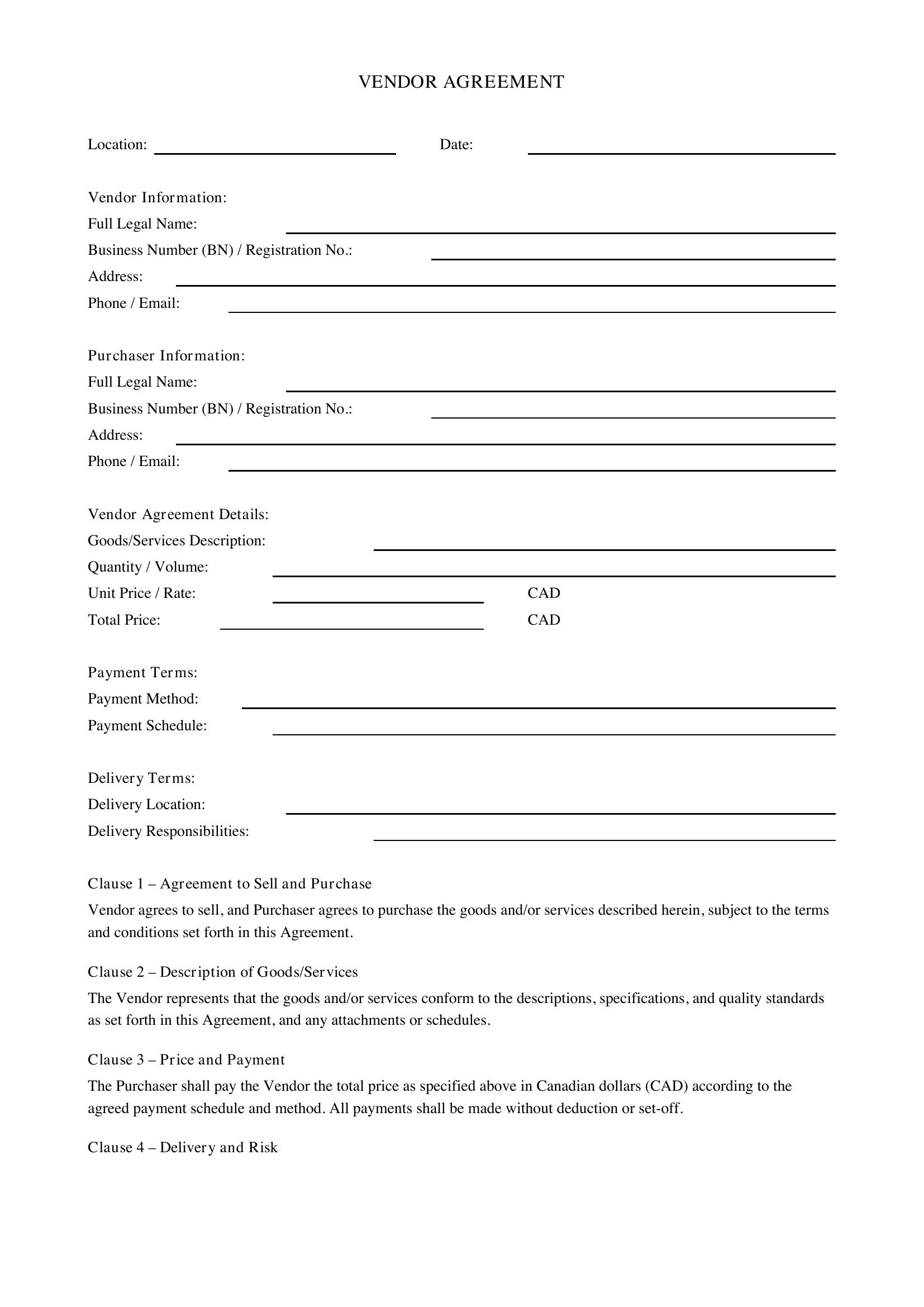 Vendor Agreement Template - Canada
