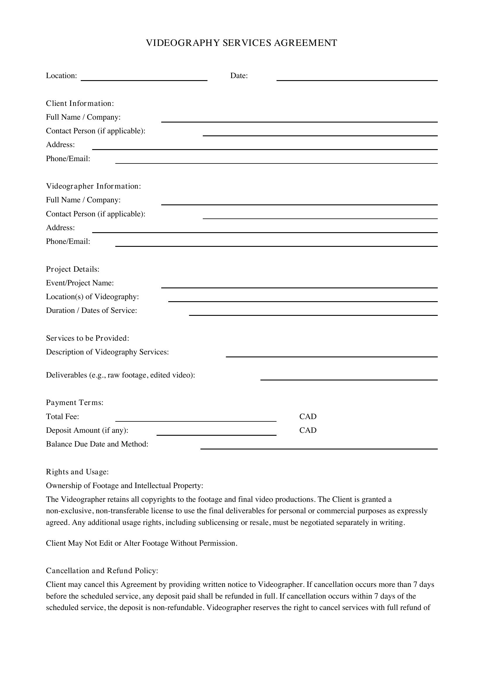Videography Contract Template - Canada