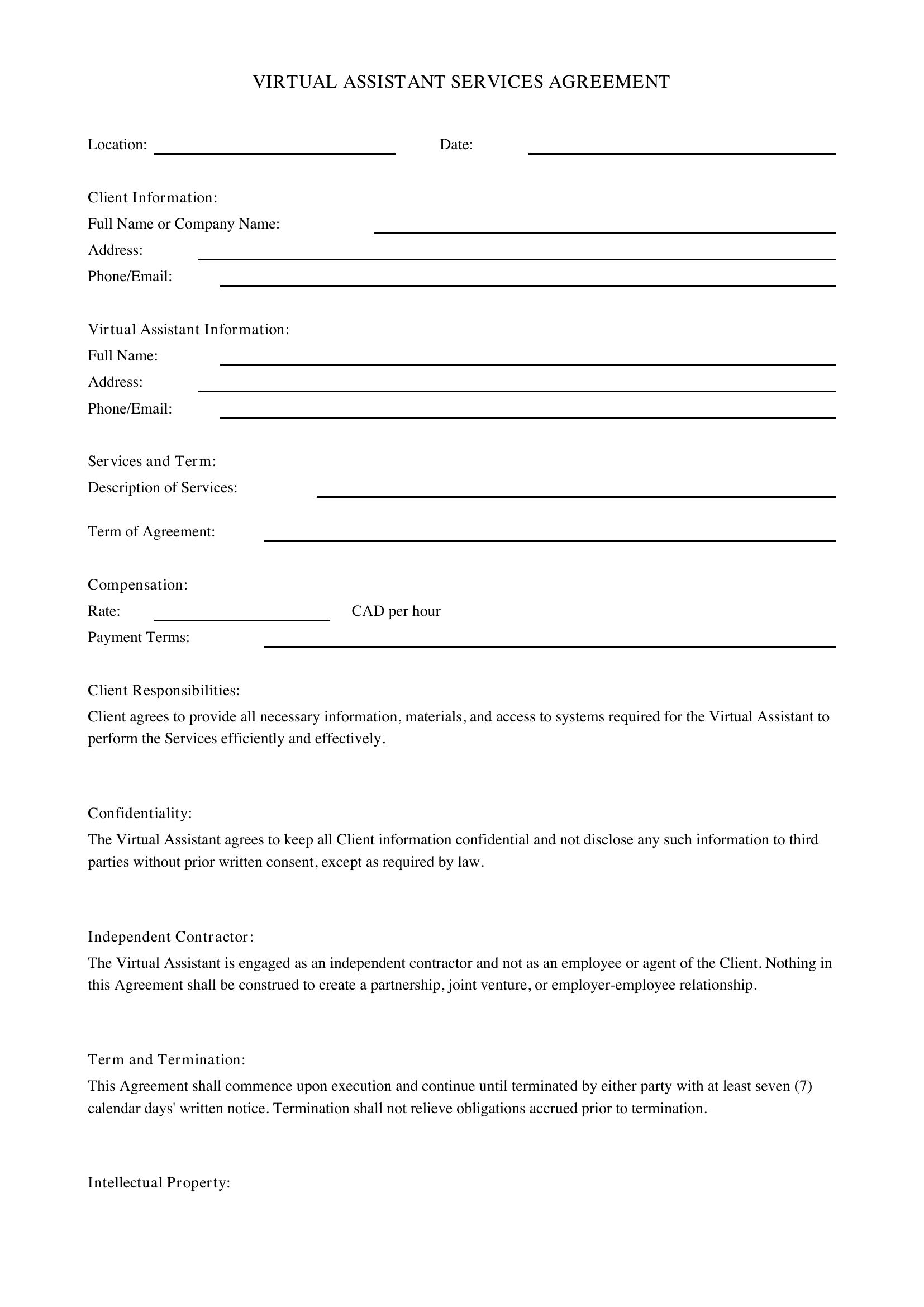 Virtual Assistant Contract Template - Canada