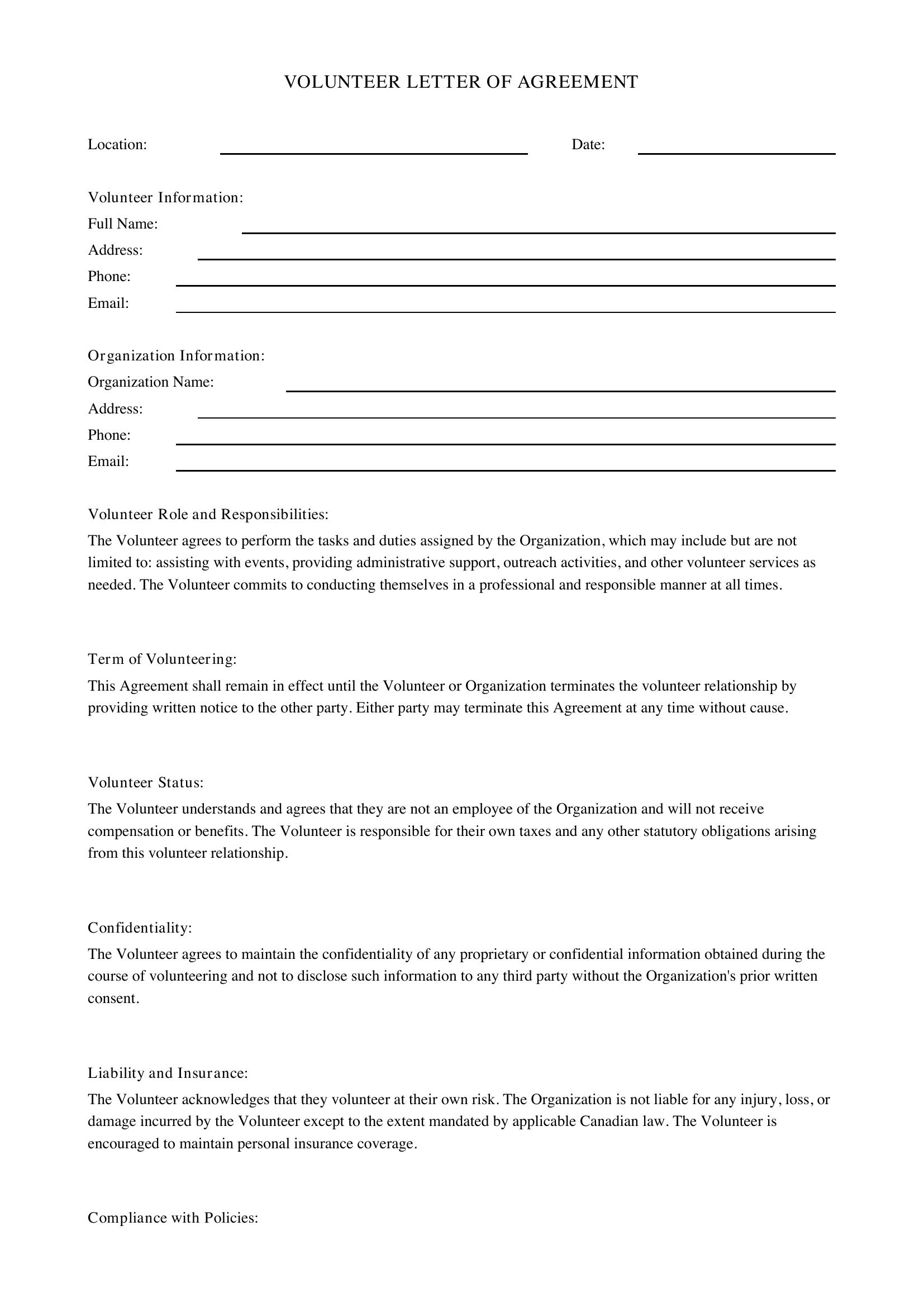 Volunteer Letter Template - Canada