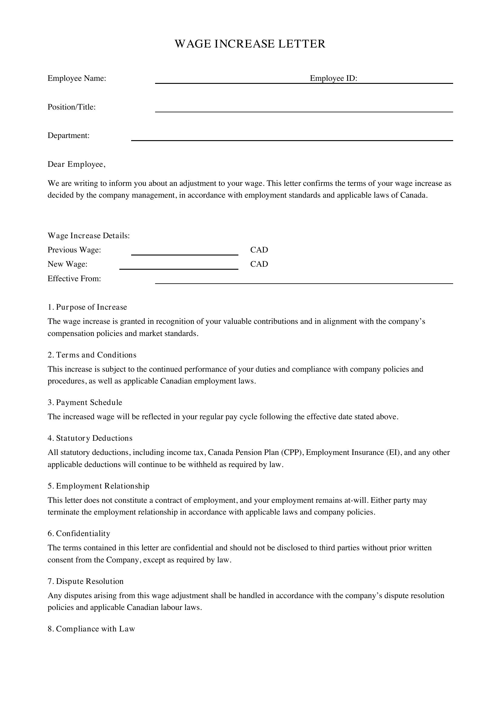 Wage Increase Letter Template - Canada