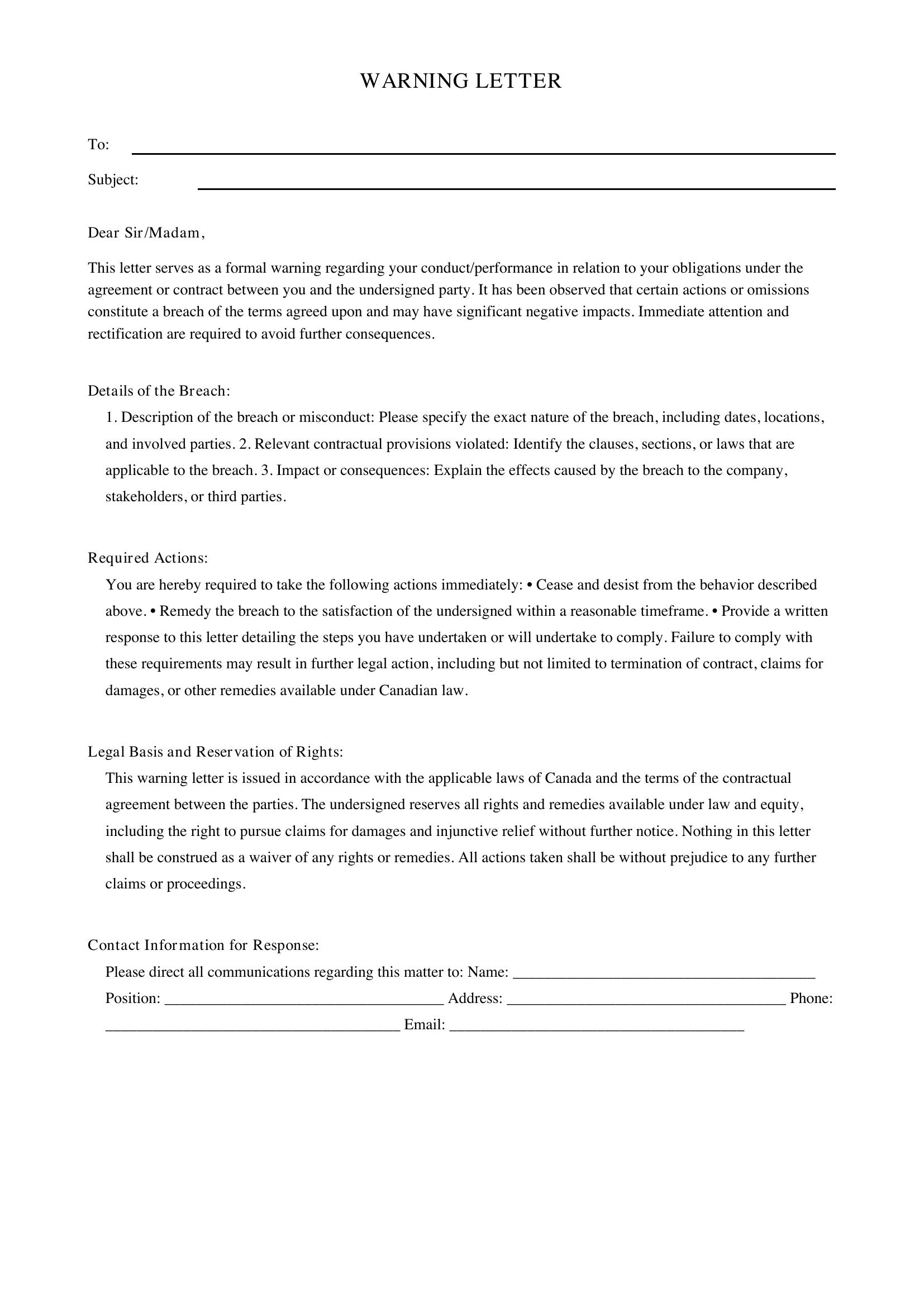 Warning Letter Template - Canada