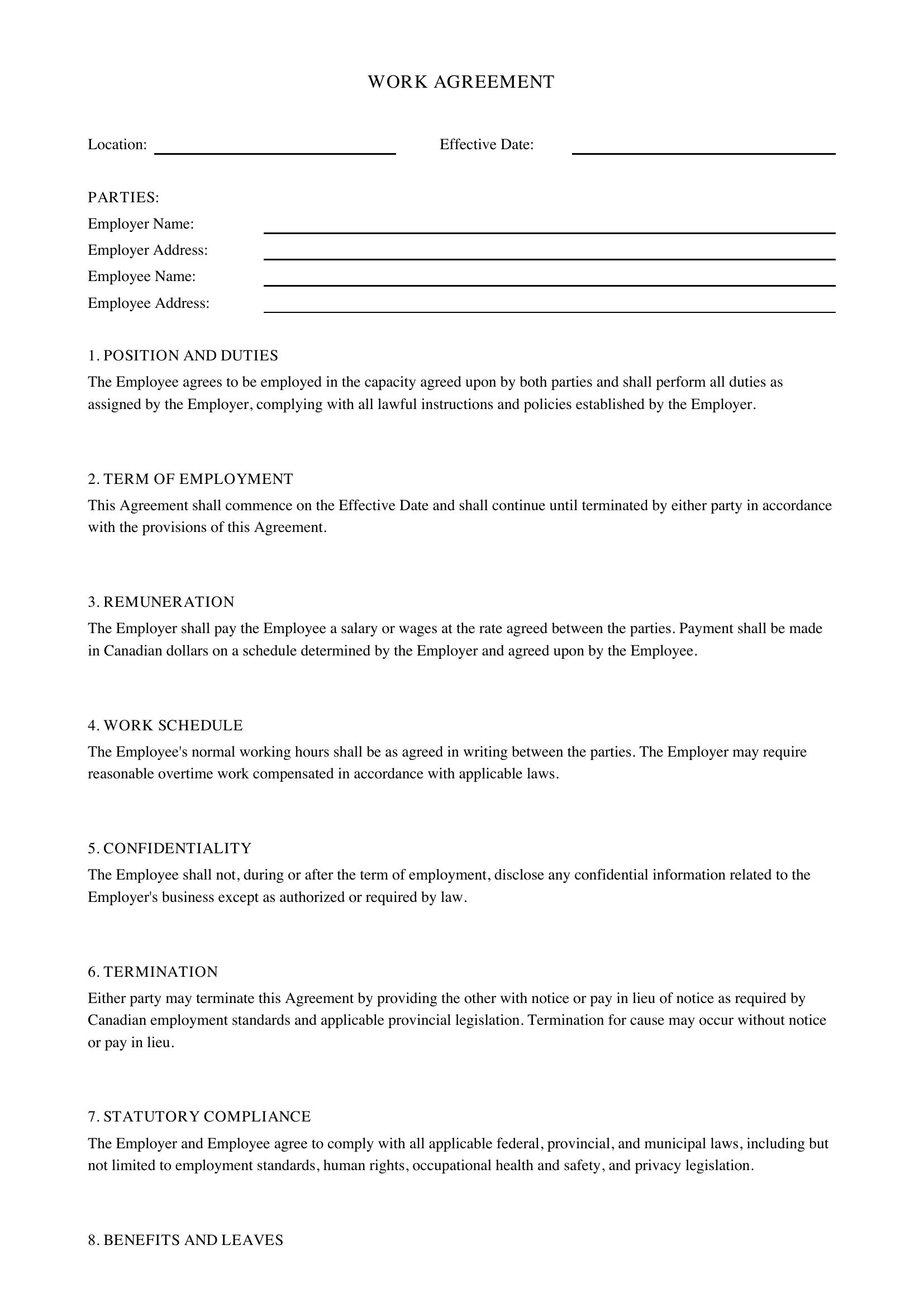 Work Agreement Template - Canada