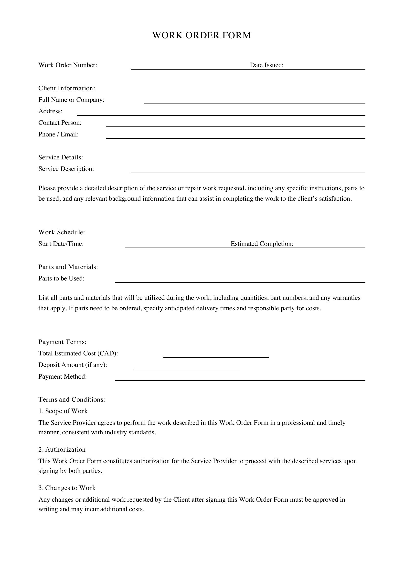 Work Order Form Template - Canada