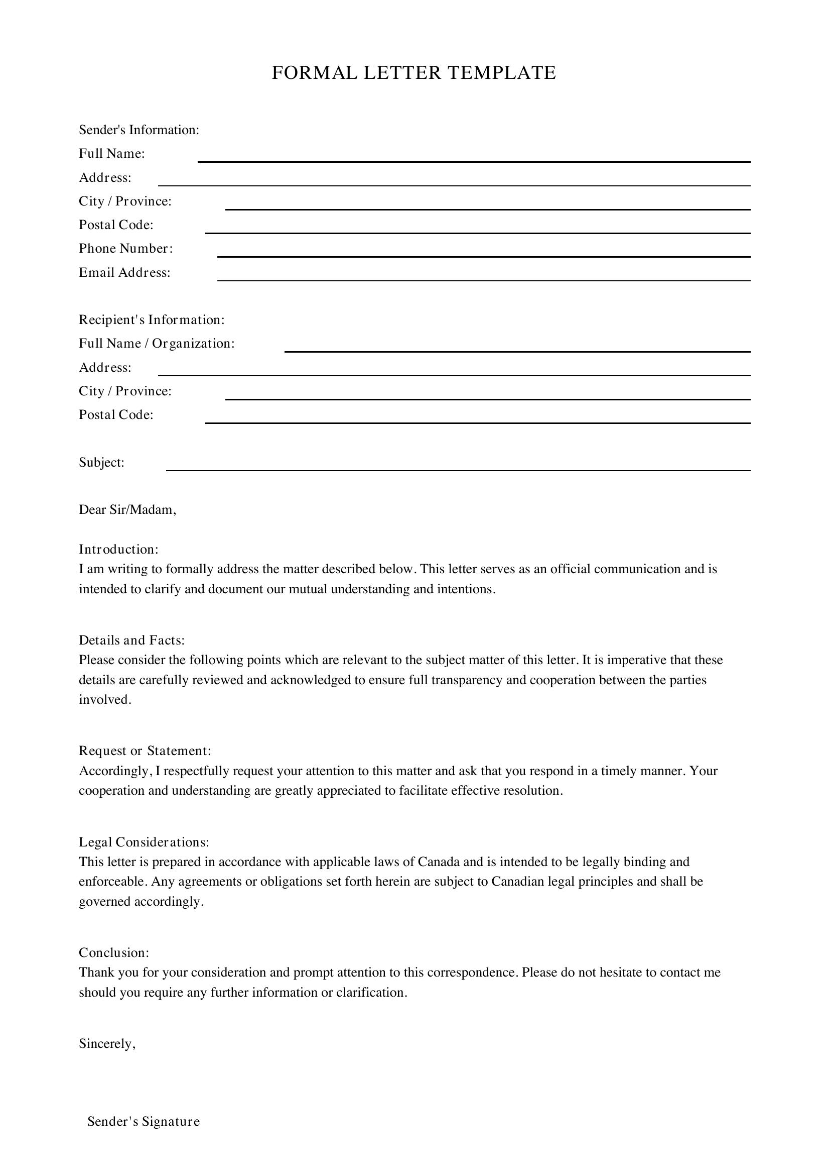 Writing A Letter Template - Canada